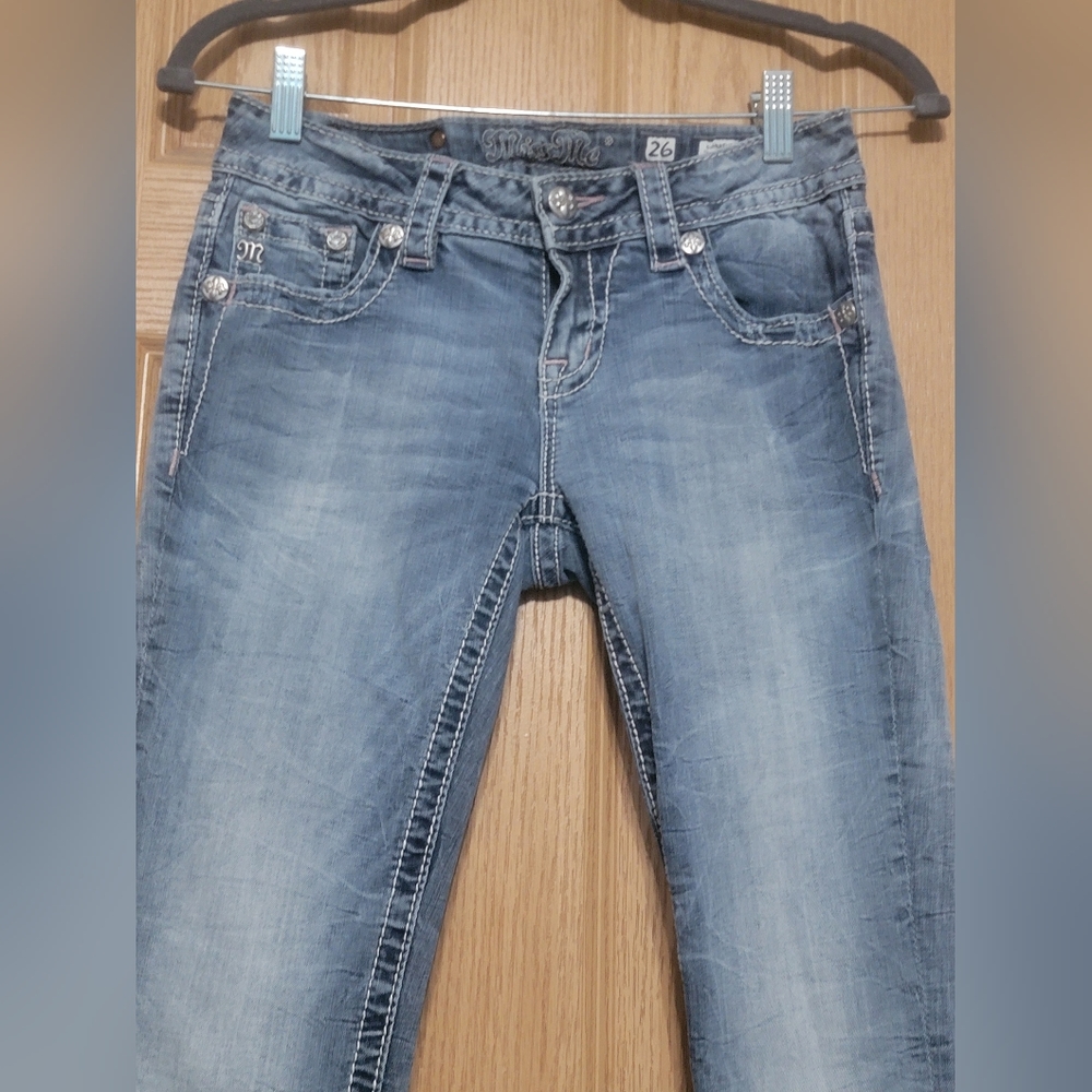 Bootcut Miss Me Jean Size 26 Inseam 33 Fleur De Lis Rhinestone Jewel Pockets - Picture 9 of 12